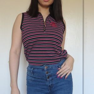 TOMMY HILFIGER Black Red White Striped Sleeveless Collared Polo Half Zip Top